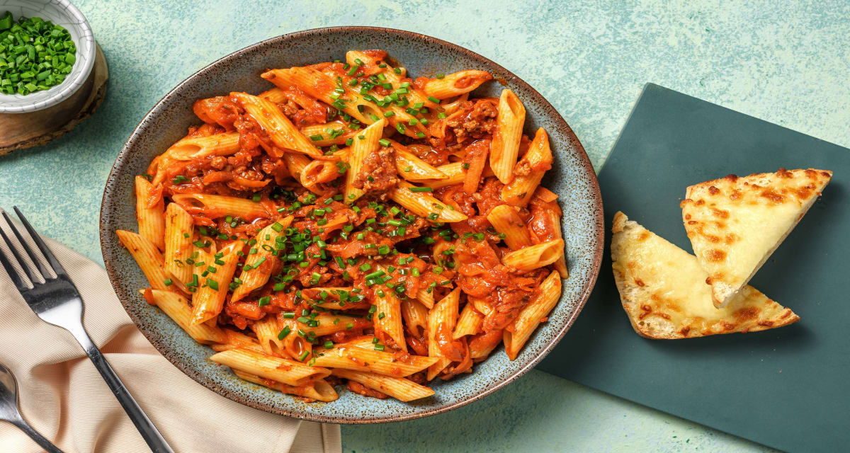 Penne Beef Ragu with Cheesy Garlic Bread
